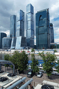Moscow serves as an international business center for Russia.